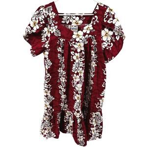 Vintage Hawaiian Togs Midi Dress Floral Puff Sleeve Aloha Ruffle Red White L